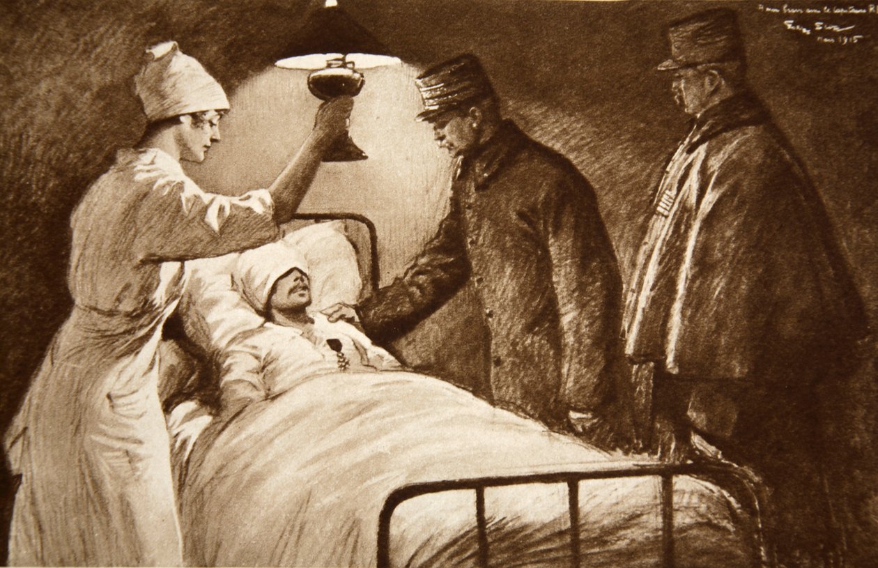 Rytíř Čestné legie: zraněný francouzský kapitán, který se chystá podstoupit nebezpečnou operaci, vyznamenán svým generálem v polní nemocnici, z „The Illustrated War News“ od Georges Bertin Scott