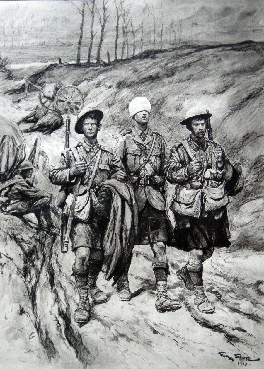 Skotští vojáci pomáhající svému zraněnému důstojníkovi, 1917 od Georges Bertin Scott