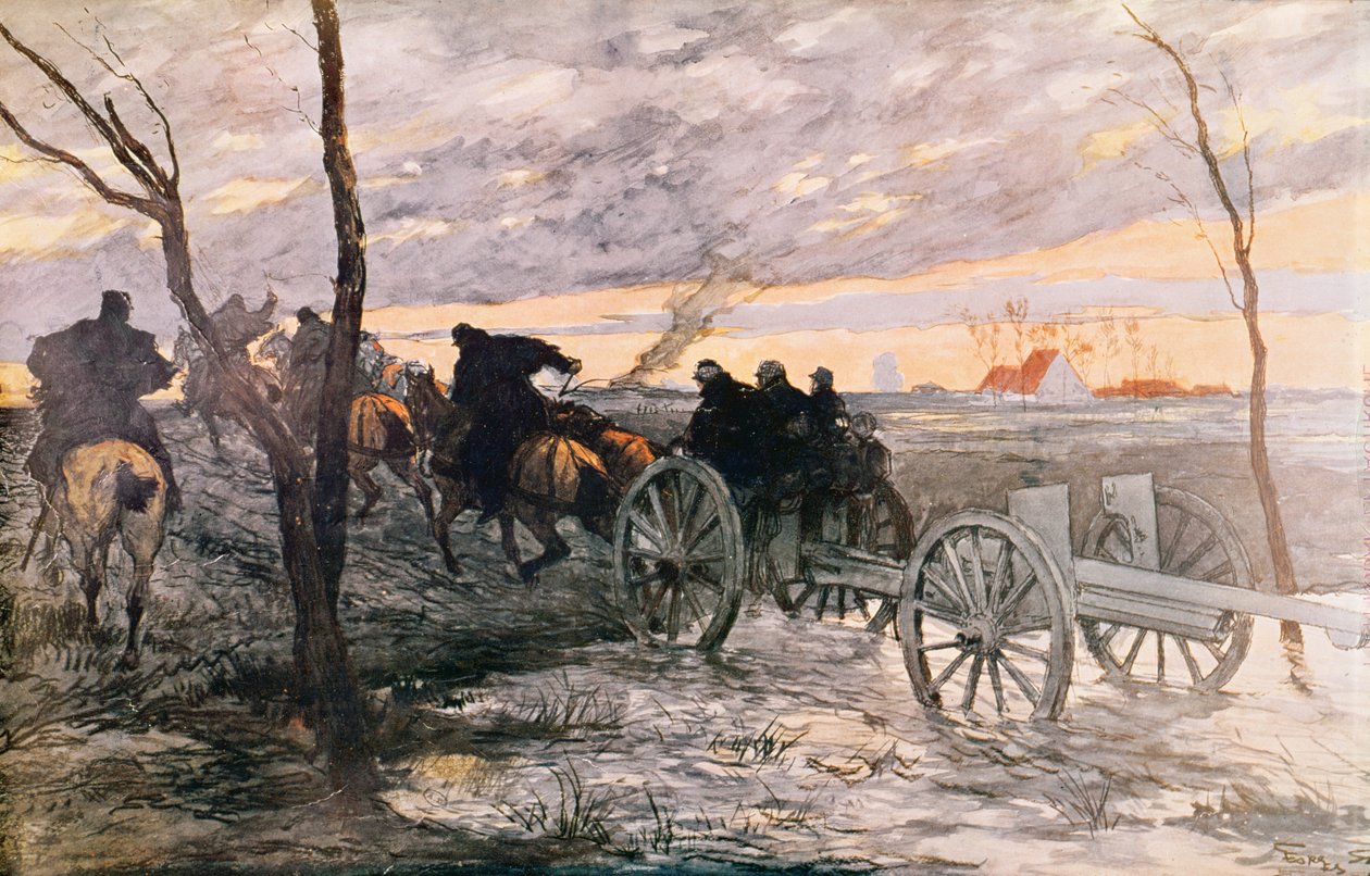 Západ slunce v údolí Yser: 75 kanón je přiveden na strategickou pozici, kolem roku 1914 od Georges Bertin Scott