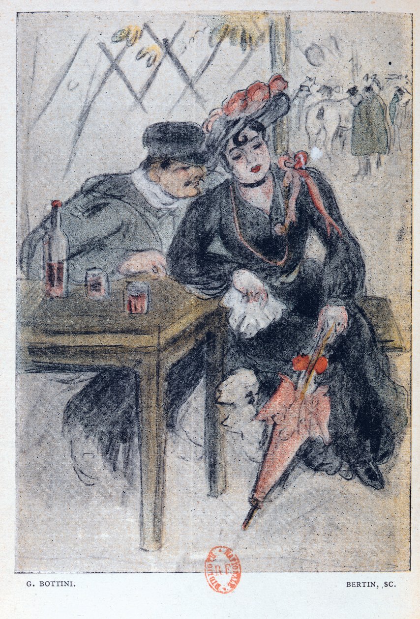 Prostitutka a její klient, ilustrace z „La Maison Philibert“ od Jeana Lorraina (1855-1906) vydané v roce 1904 od Georges Bottini