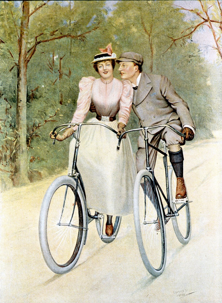 Pár na kole, 1893 (barevná rytina) od Georges Debrock
