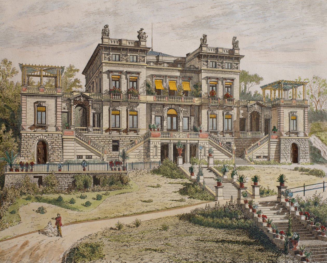 Zámek u Stuttgartu, průčelí zahrady, ilustrace z „Le Moniteur des architectes“, 1881 (barevná rytina) od Georges Felix Garen