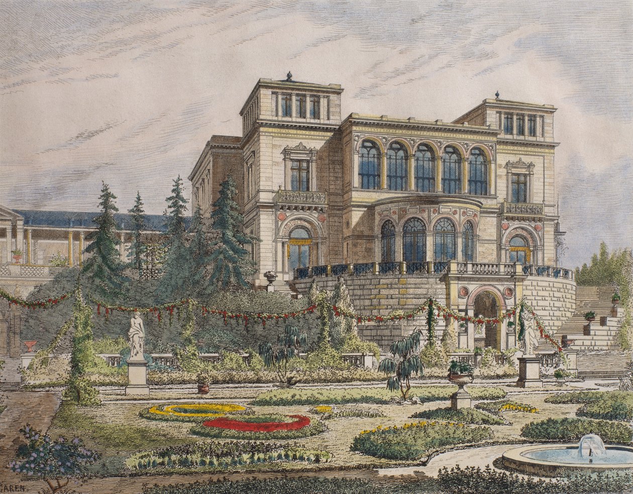 Zámek u Stuttgartu, fasáda verandy, ilustrace z „Le Moniteur des architectes“, 1881 (barevná rytina) od Georges Felix Garen
