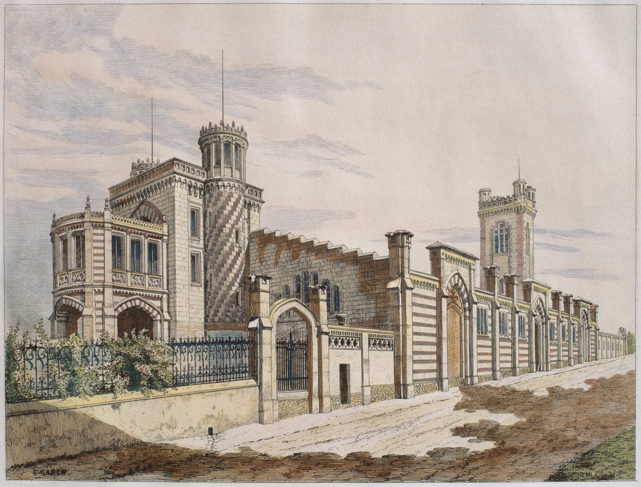 Sklad šampaňského Madame Veuve Pommery v Remeši, ilustrace z „Le Moniteur des architectes“, 1882 (barevná rytina) od Georges Felix Garen