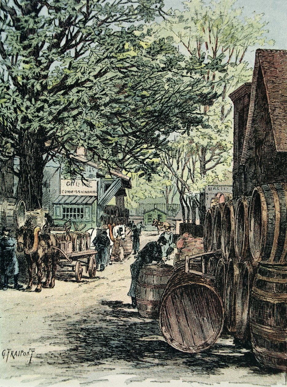 Sklady vína v Bercy v Paříži, 1890 (barevná rytina) od Georges Fraipont