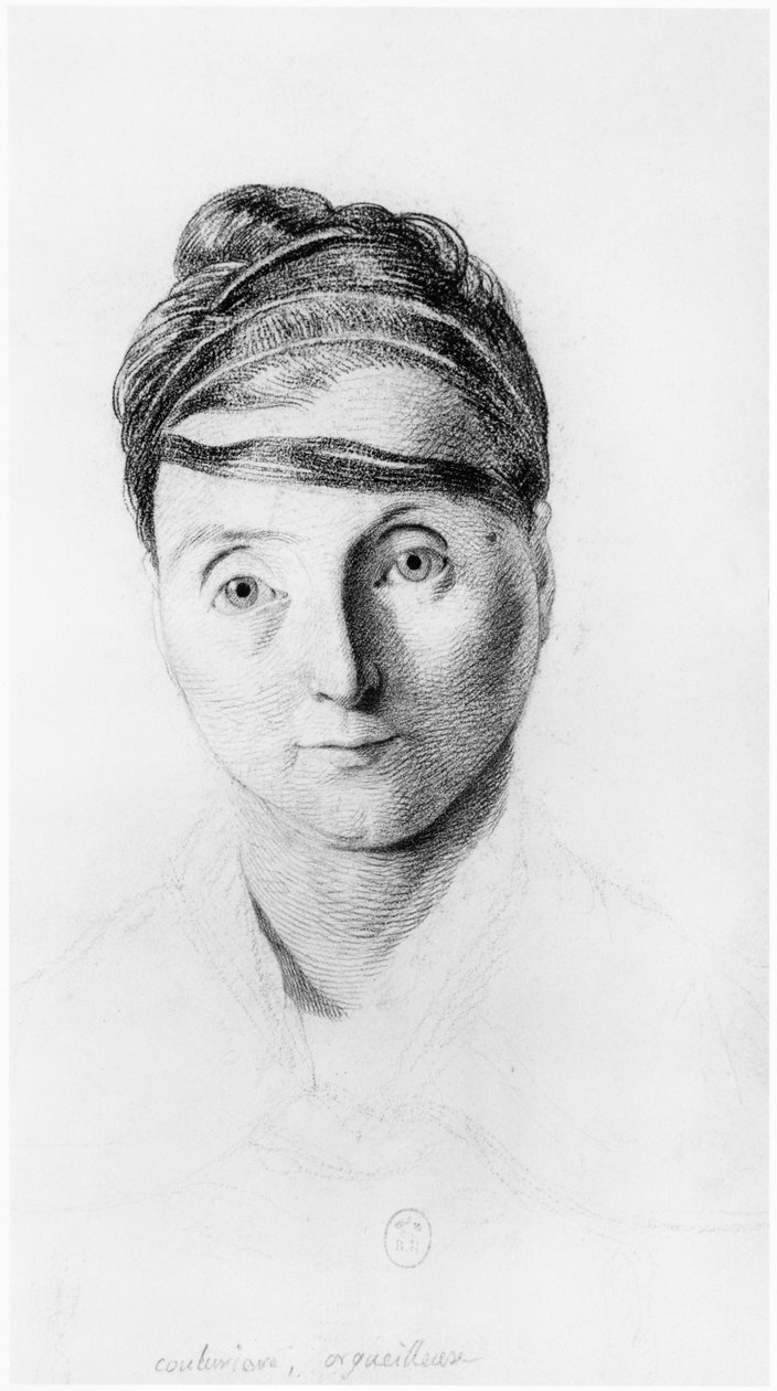 Hrdá švadlena, pohled zepředu, ilustrace z nepublikovaného pojednání Jean Etienne Dominique Esquirol (1772-1840) o šílencích z blázince Salpetriere, kolem roku 1818 od Georges Francois Gabriel