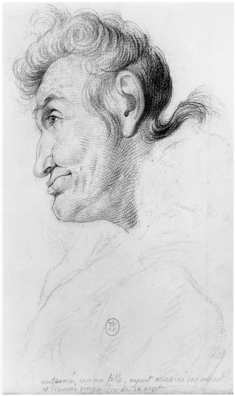 Uzavřená jako šílená poté, co zavraždila svého milence a po smrti našla pannu, ilustrace z nepublikovaného pojednání Jeana Etienna Dominique Esquirol (1772-1840) o šílencích ze Salpetriere a od Georges Francois Gabriel