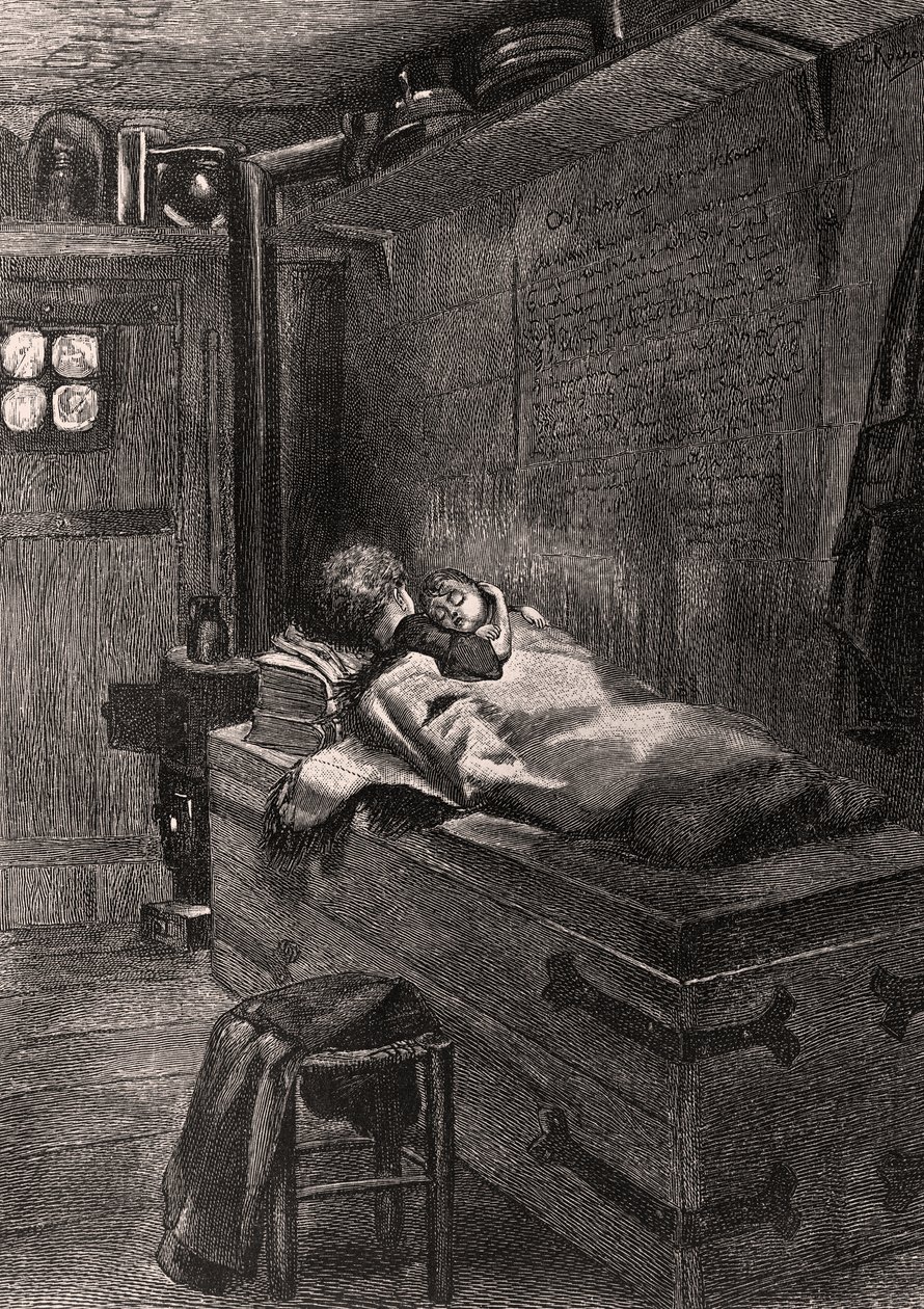 Gwynplaine a Dea spící na hrudi - ilustrace z L’Homme qui rit, 19. století (č. rytina) od Georges Marie Rochegrosse