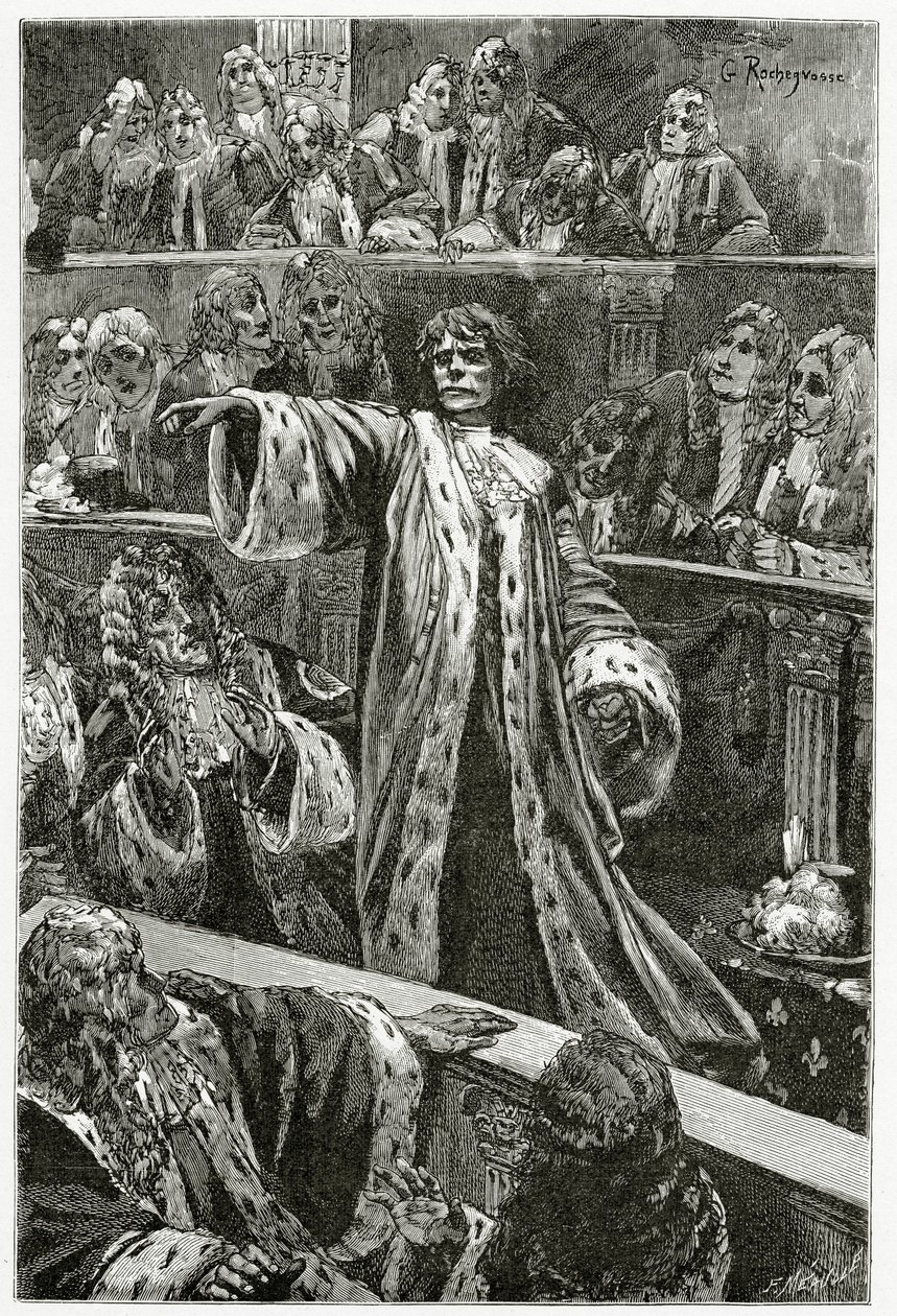 Gwynplaine v komoře lordů - ilustrace z L’Homme qui rit, 19. století (č. rytina) od Georges Marie Rochegrosse