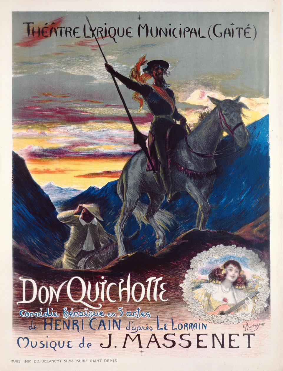 Plakát inzerující první inscenaci opery Don Quichotte v divadle yaite-Lyrique v Monte Carlu, 19. února 1910 od Georges Marie Rochegrosse