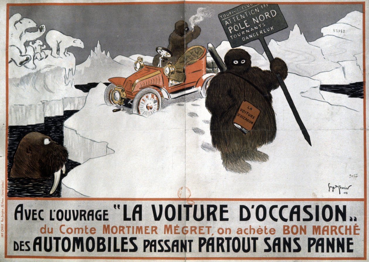 Reklama na knihu Mortimera Megreta o koupi ojetého automobilu, 1904 od Georges Meunier