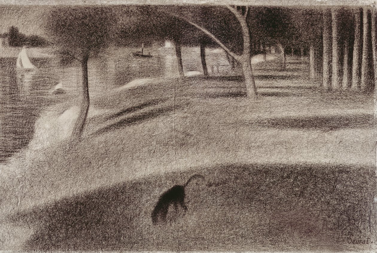 Studie na nedělní odpoledne na ostrově La Grande Jatte, kolem roku 1884 (pastelka na papíře) od Georges Seurat