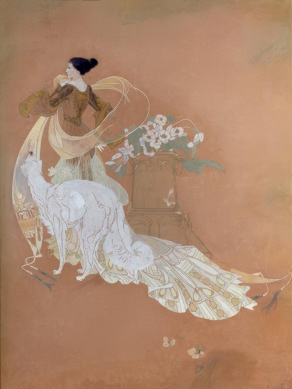Georges de Feure, Elegante Dame mit Barsoi / Kvaš od Georges de Feure
