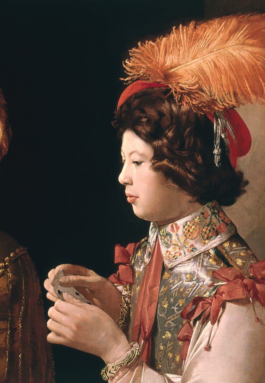 Cheat with the Ace of Diamonds, detail zobrazující mužského hráče karet s opeřeným kloboukem, cca 1635-40 (detail 90053) od Georges de La Tour