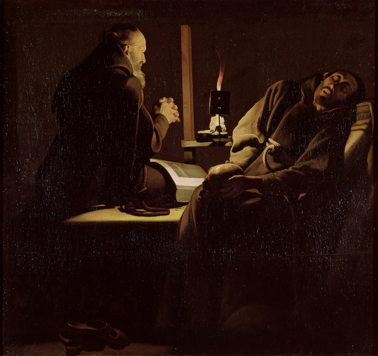 Extáze sv. Františka, mnich na modlitbě s umírajícím mnichem, 1640-45 od Georges de La Tour