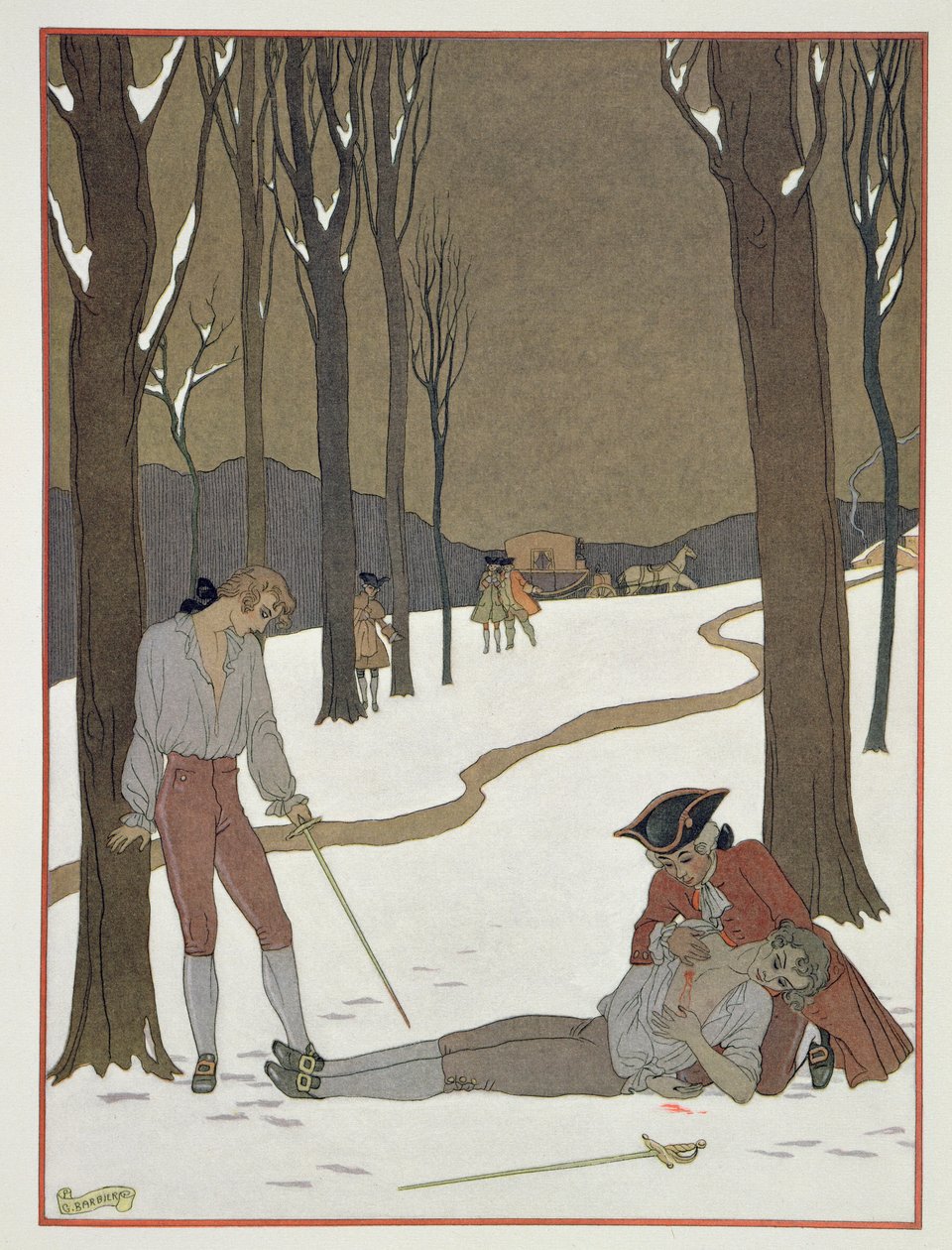 Souboj mezi Valmontem a Danceny, ilustrace z „Les Liaisons Dangereuses“ od Pierra Chodlerlose de Laclose (1741-1803) vydané ve 20. letech 20. století (pochoir print) od Georges (after) Barbier