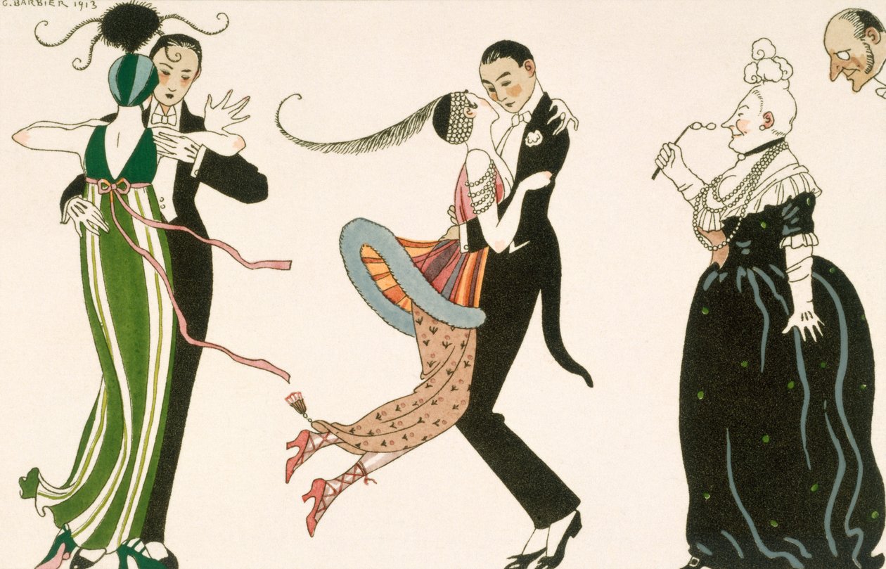 Šílenství dne, vyryté H. Reidelem pro Přátele deníku des Dames et des Modes od Georges (after) Barbier