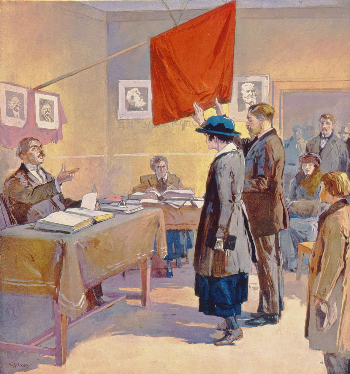 Občanský sňatek v Rusku v době revoluce, cca 1923 (barevná litografie) od Georges (after) Carrey