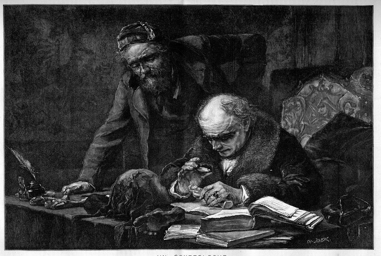 Egyptolog studující ve své kanceláři archeologický kus z Egypta. Rytina Baude z obrazu Moreau de Tours. Gravírování v „“Le Monde Illustré““ od Georges (after) Moreau de Tours