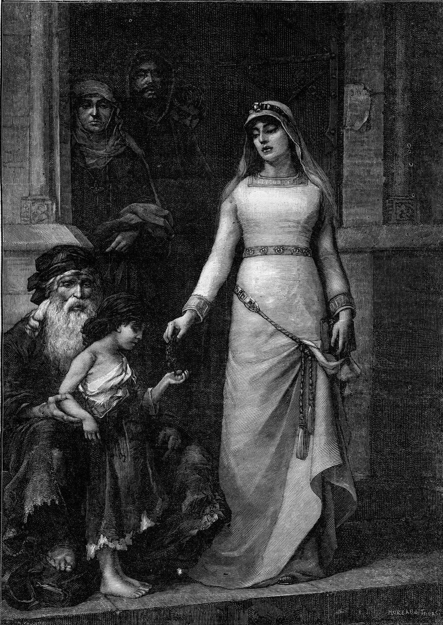 Blanche de Castille, královna Francie (1188 - 1252), přezdívaná Láska chudých“ (1879). Rytina podle obrazu Georgese Moreau de Tours (1848-1901) v „The Illustrous World““ č. 1267 z 9. července od Georges (after) Moreau de Tours