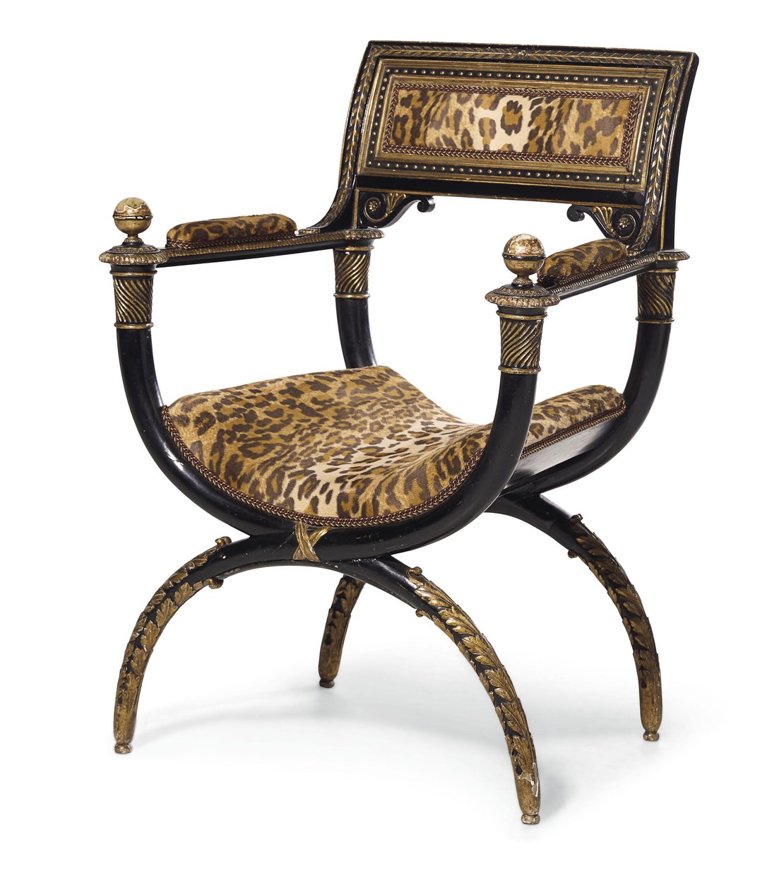 Křeslo A Directory Curule, cca 1795 (ebonizované a zlacené dřevo s leopardím vzorem čalounění) od Georges (attr. to) Jacob