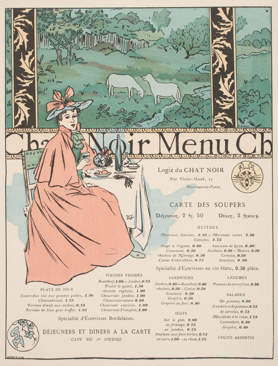 Menu z Chat Noir (barevný lito a pochoir tisk) od Georges Auriol