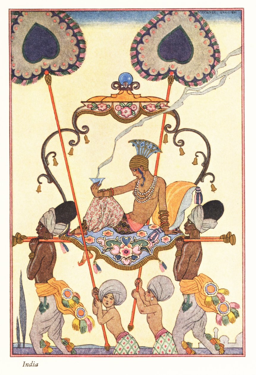 Vznešená žena pálí kadidlo v nosítkách, starověká Indie 1928 (tisk) od Georges Barbier