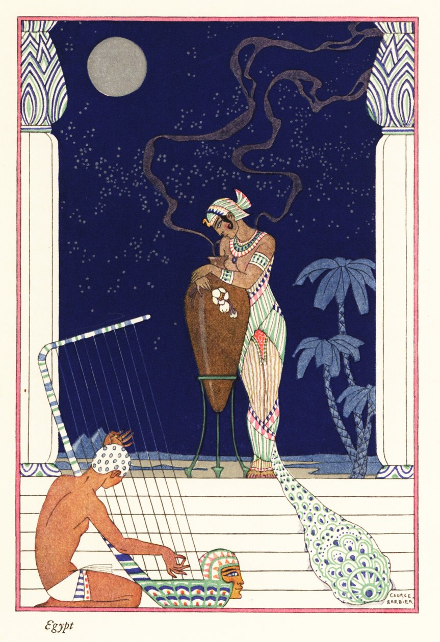 Královna stojí a voní spálenou vůní, starověký Egypt1928 (tisk) od Georges Barbier