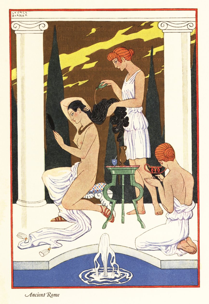 Otrok nalévá vonný olej na vlasy své paní, starověký Řím 1928 (tisk) od Georges Barbier