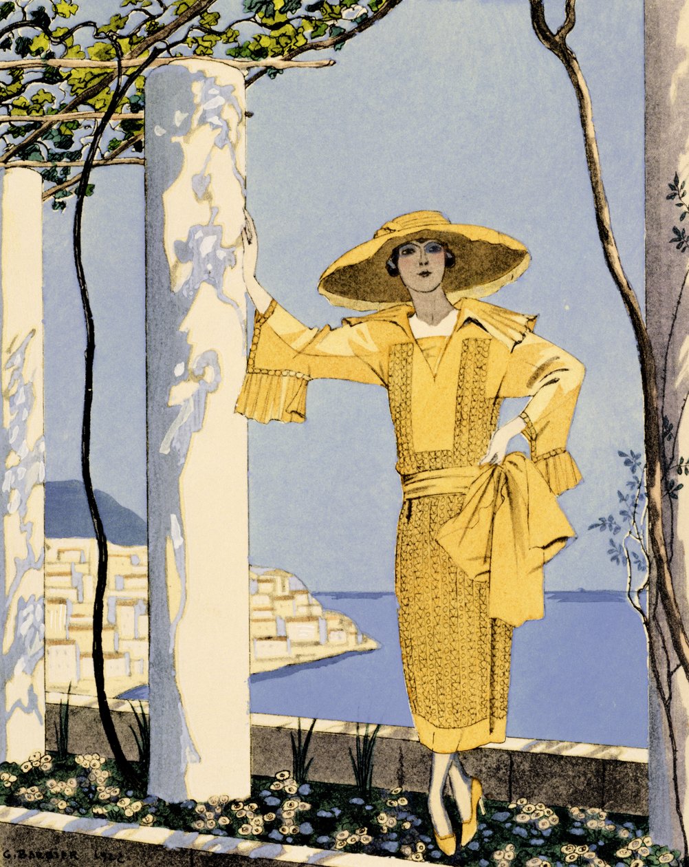 Amalfi, ilustrace ženy ve žlutých šatech od Wortha od Georges Barbier