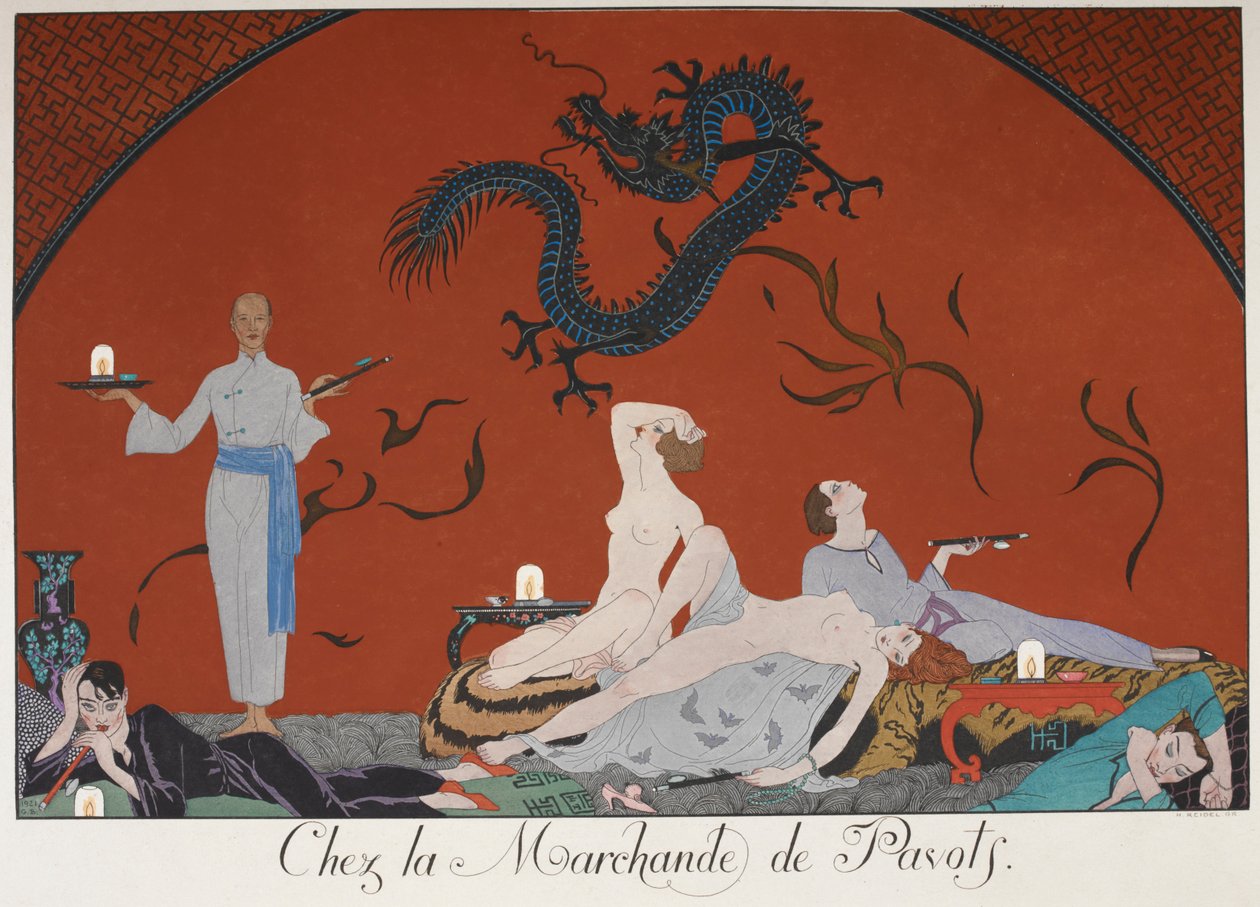 Chez la Marchande de Pasots. Lidé, někteří nazí, leželi v místnosti. Čínská dekorace. od Georges Barbier