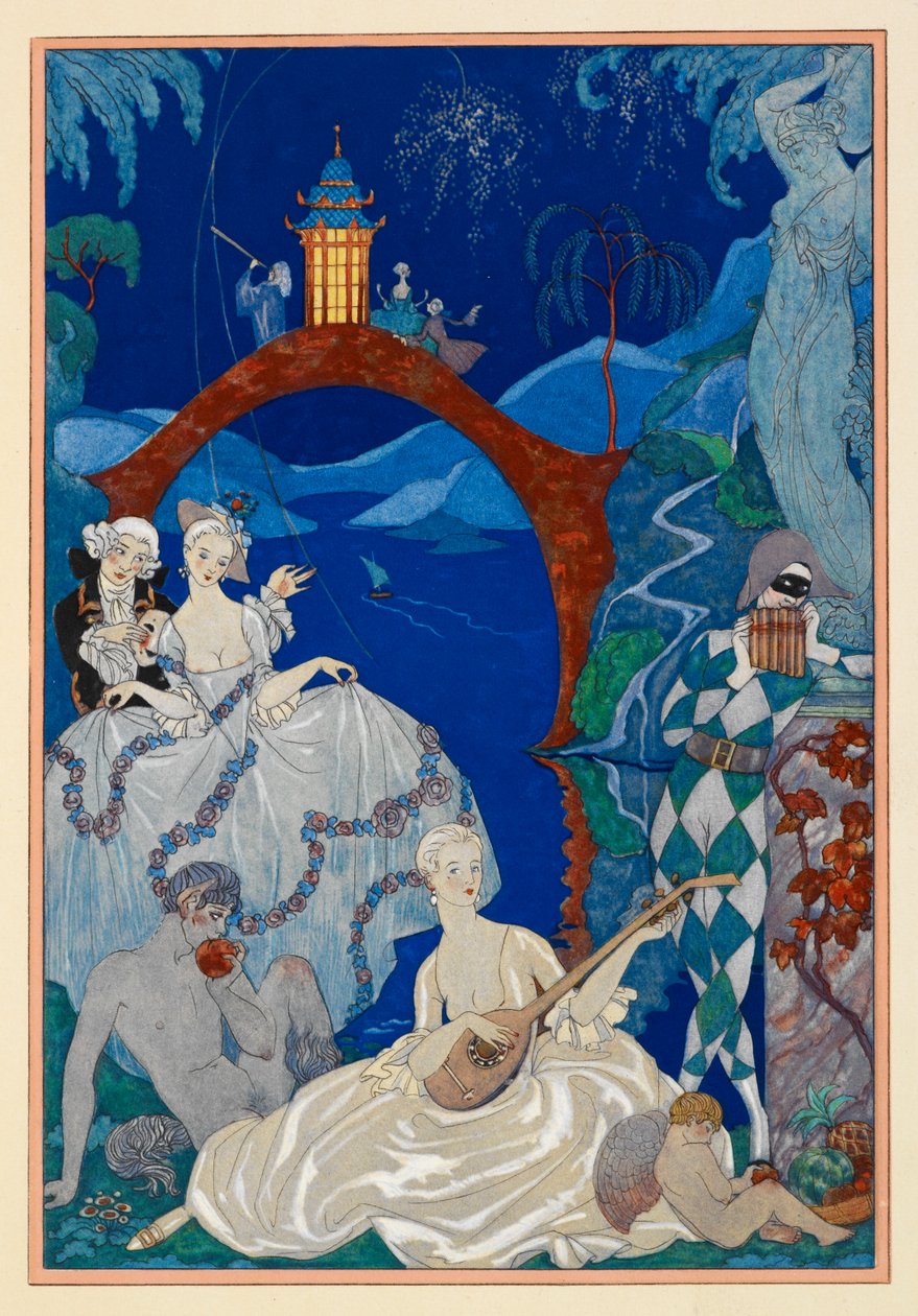 Claire de Lune. Krásná žena hrající na mandolínu. Faun sedící vedle ní. Harlekýn. Vše v krajině. od Georges Barbier