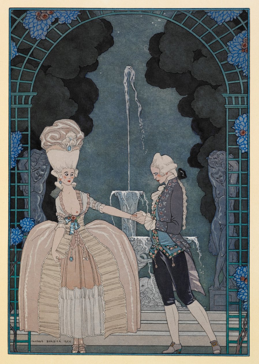 Rozhovor Sentimentální. Muž drží ženu za ruku. od Georges Barbier