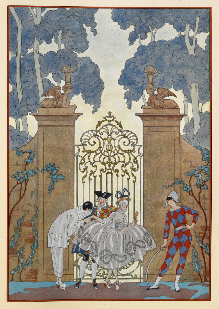 Colombine. Lidé stojící před bránou. Pierrot. od Georges Barbier