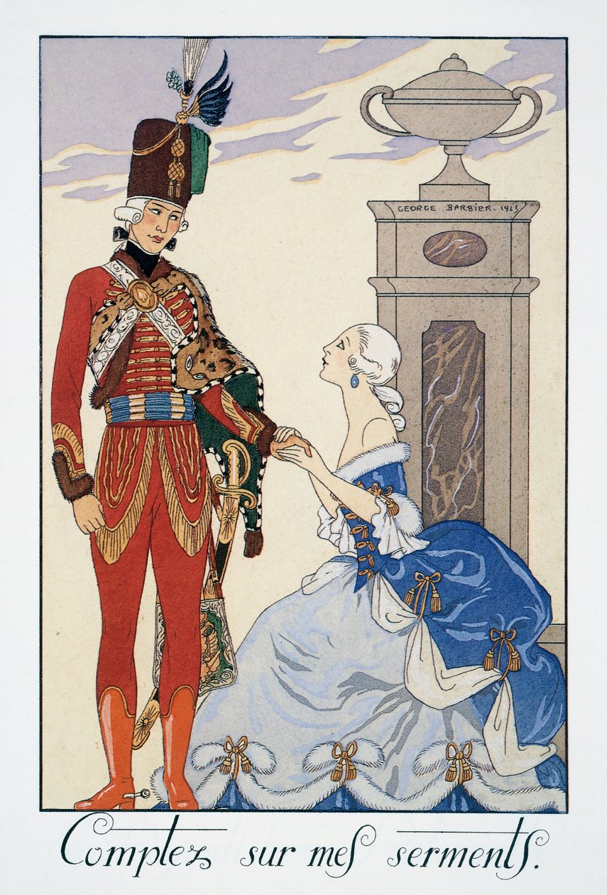 Počítejte s mými přísahami (budu vám věrný), maďarský husar, litografie George Barbiera (1882-1932), z Falbalas et Fanfreluches, Almanach des Modes Presentes, Passees et Futures od Georges Barbier