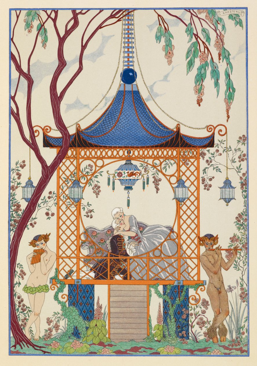 Cythère. Muž a žena v pavilonu, objímající se. Mýtické bytosti venku, hrající na dýmky. od Georges Barbier