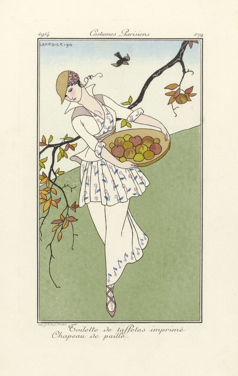Denní šaty z Costumes Parisiens, hospoda. 1914 (tisk šablony) od Georges Barbier