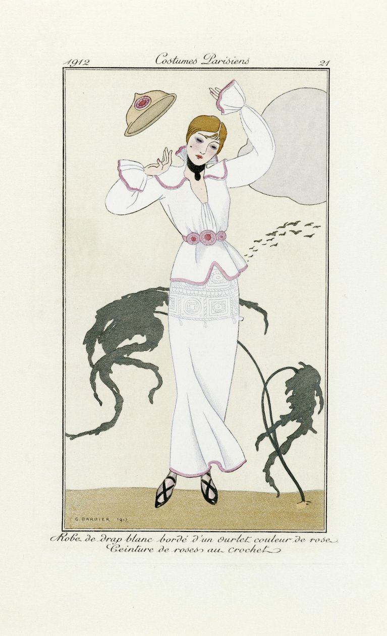 Design pro bílé šaty s růžovým lemováním a háčkovaným páskem, od Costumes Parisien, pub. 1912 (pochoir print) od Georges Barbier