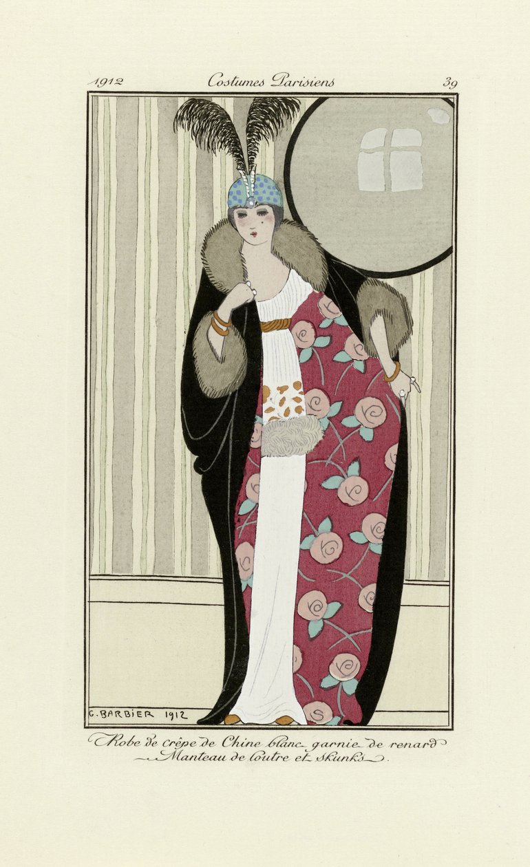 Design pro šaty z Crepe de Chine a kožichu, z Costumes Parisien, pub. 1912 (pochoir print) od Georges Barbier