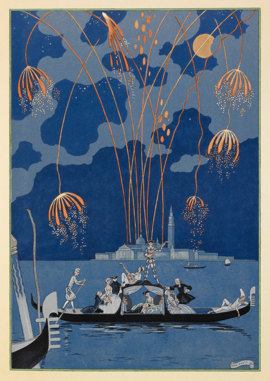 Na lodi. Ohňostroj v Benátkách. Lidé v gondole. od Georges Barbier