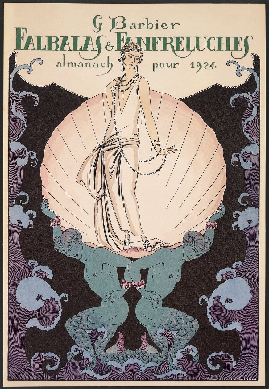 Falbalas et Fanfreluches, Almanach na rok 1924, přední obálka, George Barbier, tisk od Georges Barbier