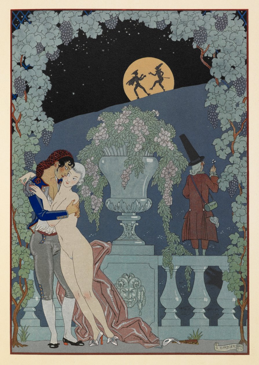Fantoches. (Marionety) z Debussyho Fêtes Galantes, Scaramouche a Pulcinelle. Muž objímal nahou ženu. Dvě figurky v siluetě proti měsíci. od Georges Barbier