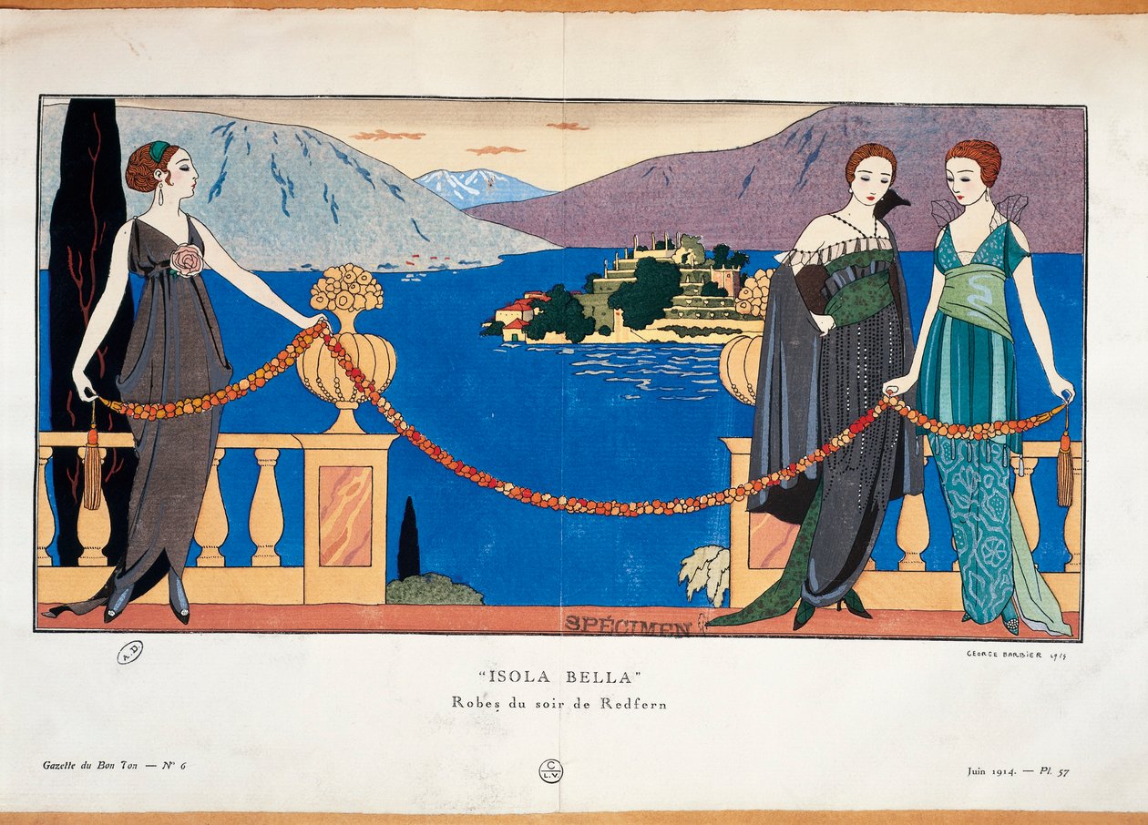 Módní talíř od Georgese Barbiera zobrazující dámy ve večerních šatech Redfern a Borromean Isola Bella v pozadí Pařížský haute couture časopis Gazette du Bon Ton od Georges Barbier