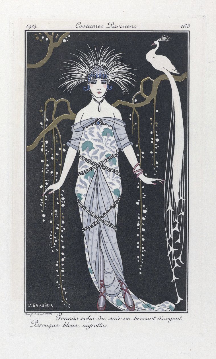 Velké večerní šaty ze stříbrného brokátu. Modrá paruka, hřebeny, z Costumes Parisiens, pub. 1914 (tisk šablony) od Georges Barbier