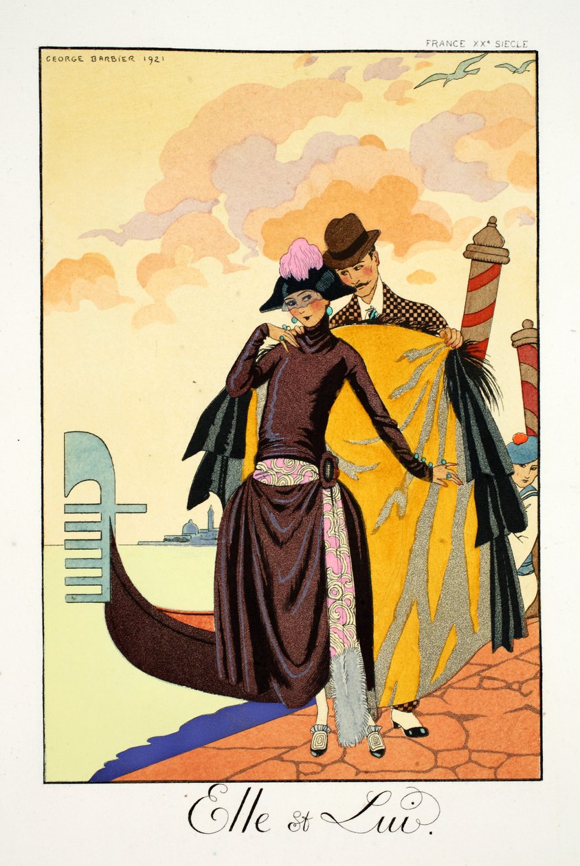 Ona a on, z „Falbalas et Fanfreluches, Almanach současných, minulých a budoucích režimů“ od Georges Barbier