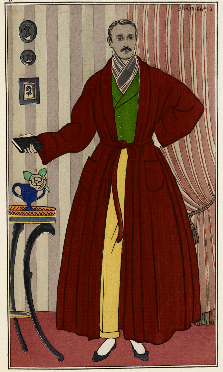 Muž v županu. Ilustrace George Barbiera (1882-1932), převzato z Journal des dames et des modes. Paříž 1912-1914. The British Library Institution, Referenční Shelfmark ID: P.P.5242.dc, pl.96, na straně 16. Muž v šatně od Georges Barbier