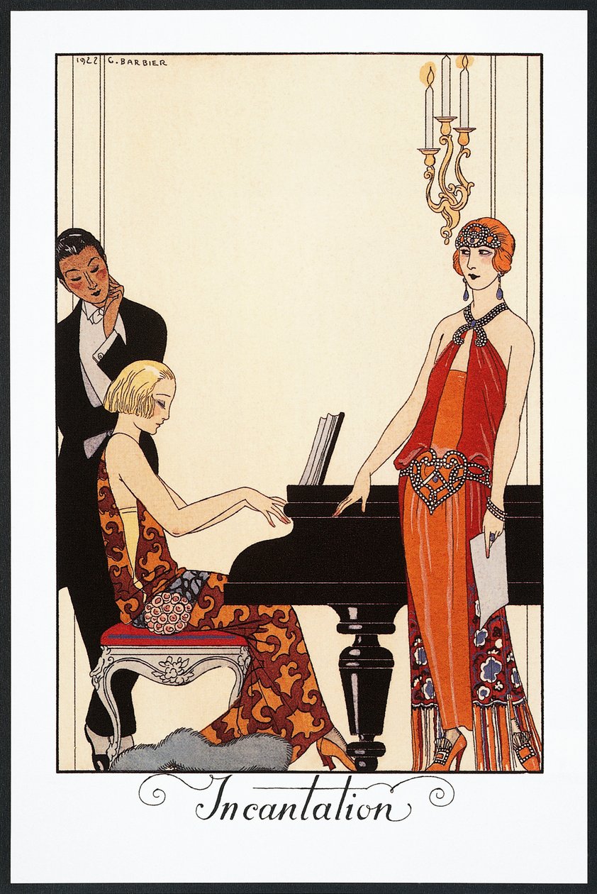 Zaklínadlo, pianistka a žena oblečená ve večerních róbách, ilustrace z Falbalas et Fanfreluches, Almanach z roku 1923 od Georges Barbier