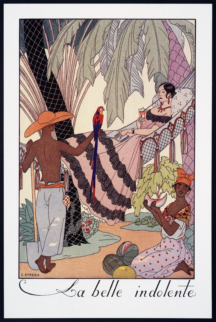 La Belle Indolente, litografie George Barbiera (1882-1932), z Falbalas et Fanfreluches, Almanach des Modes Presentes, Passees et Futures, Francie, 20. století od Georges Barbier