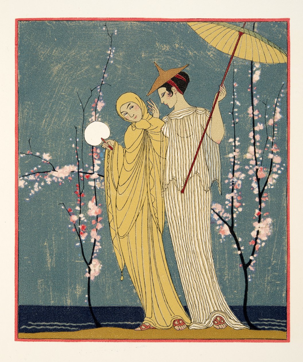 Setkání, ilustrace z Les Chansons de Bilitis, Pierre Louys, hospoda. 1922 (tisk šablony) od Georges Barbier