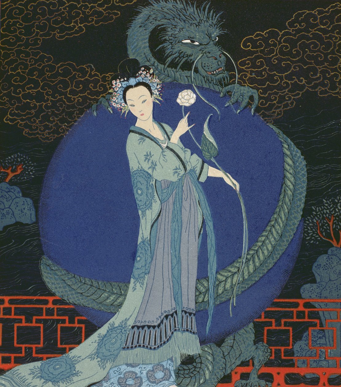 Dáma s drakem (barva lito) od Georges Barbier